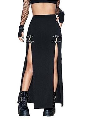 Romewe double slit double buckle black long skirt sz 0X